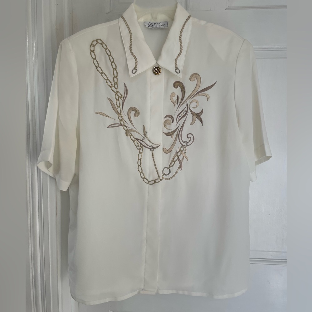 Off-white embroidered blouse, metallic gold, rose gold, silver 14, Kathy Che